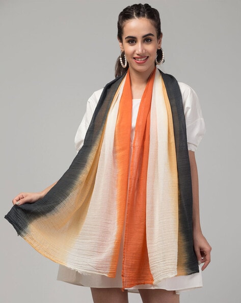 Women Colourblock Scarf with Frayed Hem Price in India