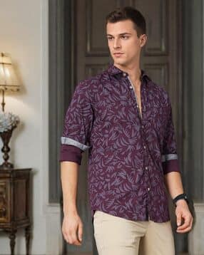 british club Leaf Print Slim Shirt with Patch Pocket-picture-38