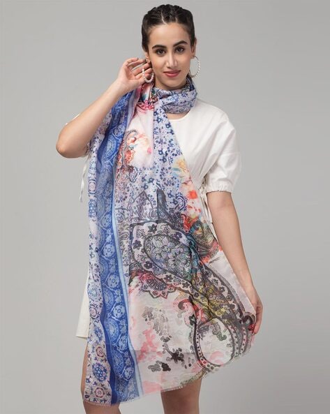 Women Paisley Print Scarf with Frayed Hem Price in India