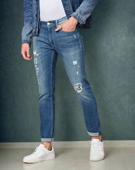 Pepe Jeans Men Vapour Mid-Wash Distressed Tapered Fit Jeans