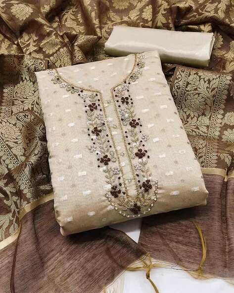 Women Embroidered 3-Piece Banarasi Unstitched Dress Material Price in India