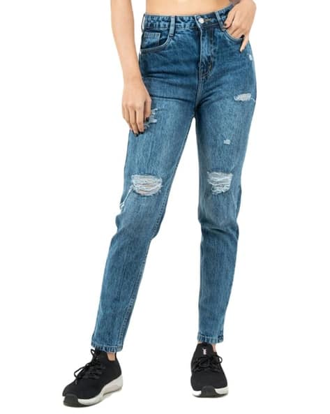 Women Mid-Wash Distressed Mom Fit Mid-Rise Jeans