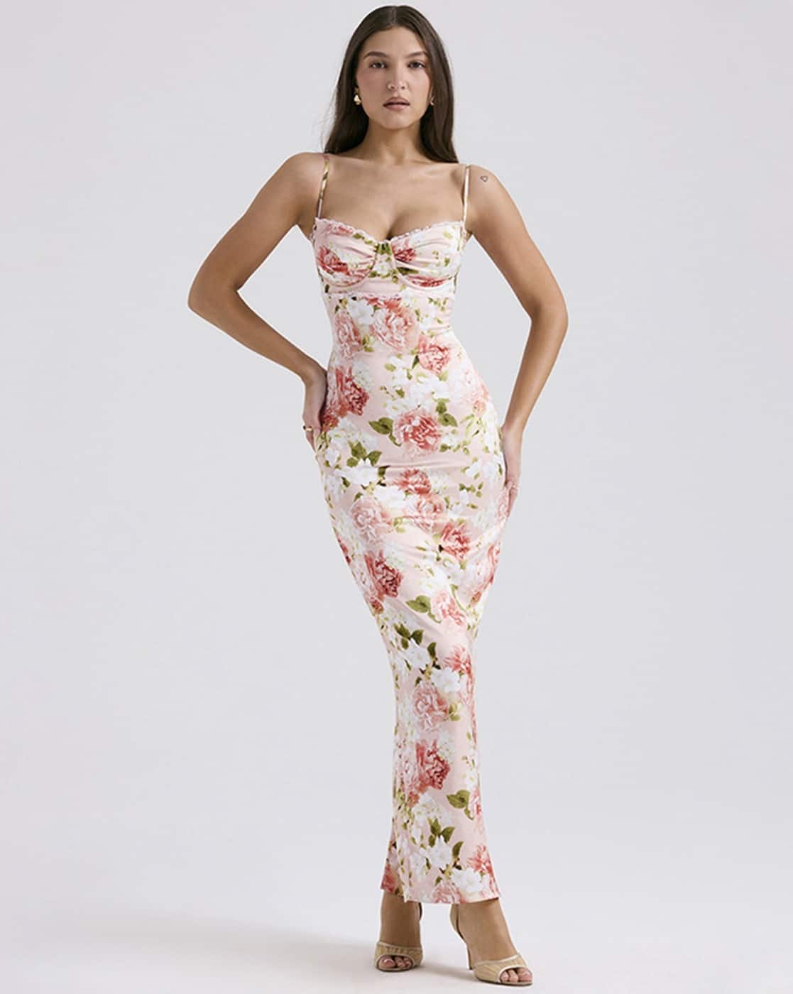 Miakee Women Floral Print Sweetheart-Neck Bodycon Dress (Pink)