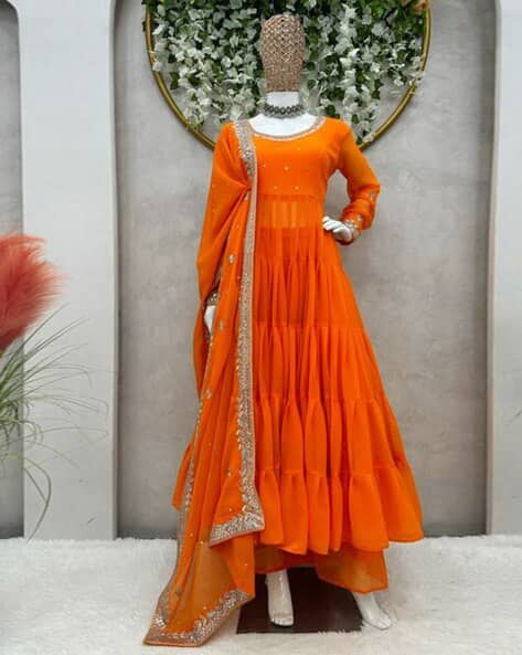 strapless open back dress Orange Color Trendy Georgette Floral Print Women's Gown