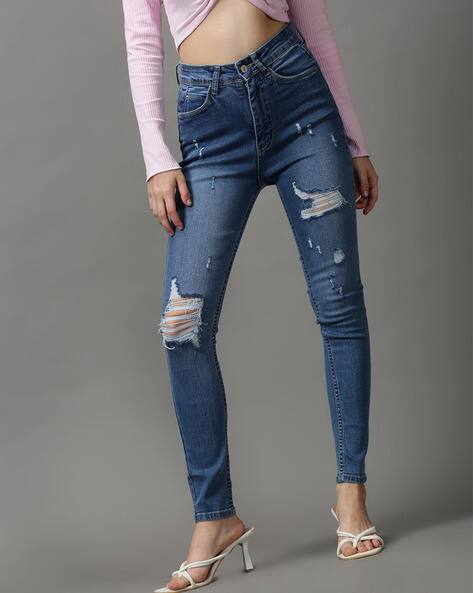 SHOWOFF Mid-Wash Distressed Skinny Fit Jeans