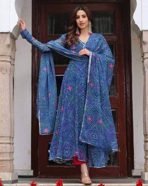 blue bandhani dress Blue Bandhani Print Faux Georgette Gown with Kutchi Patchwor