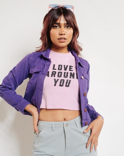 Cropped purple denim jacket best sale