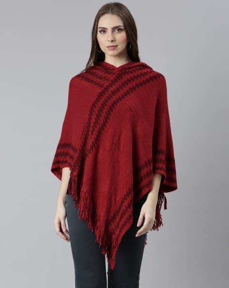 Wool Poncho Maroon Poncho Sweater Women Patterned Poncho With Fur Hem