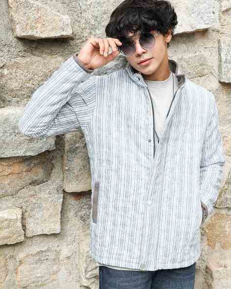 CAHOOT Men Striped Zip-Front Bomber Jacket with Insert Pockets