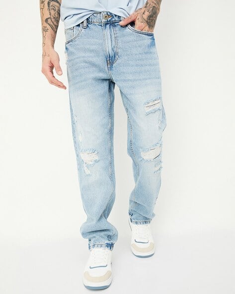 Lightly Washed Distressed Straight Jeans