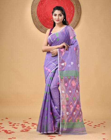 Indie Picks Floral Woven Cotton Silk Jamdani Saree