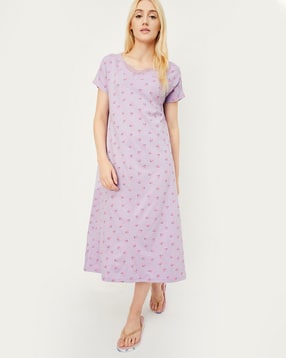 Printed V-Neck Nightie with Lace Hem-image-21