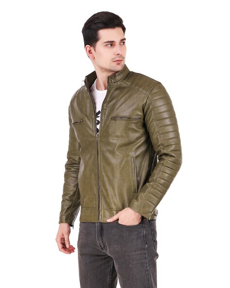 Textured Zip Front Leather Jacket