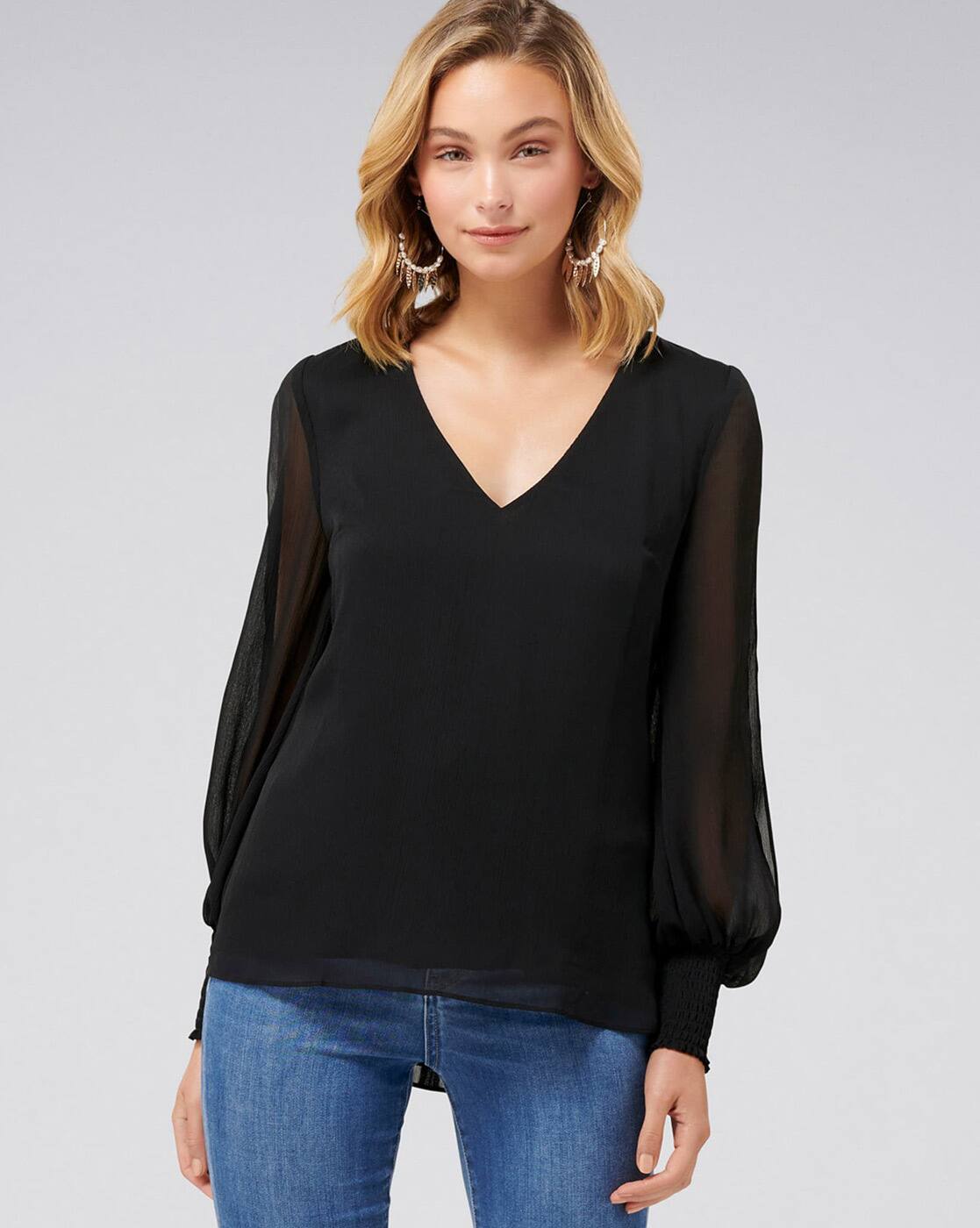 V-neck Blouse with Smocked Cuffed Sleeves