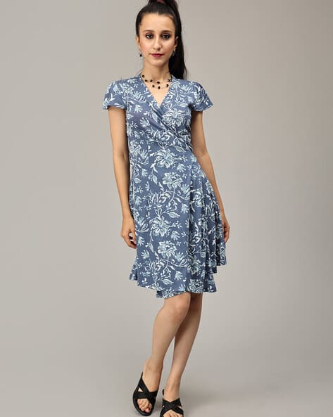 Women Floral Print Wrap Dress with Back Tie-Up