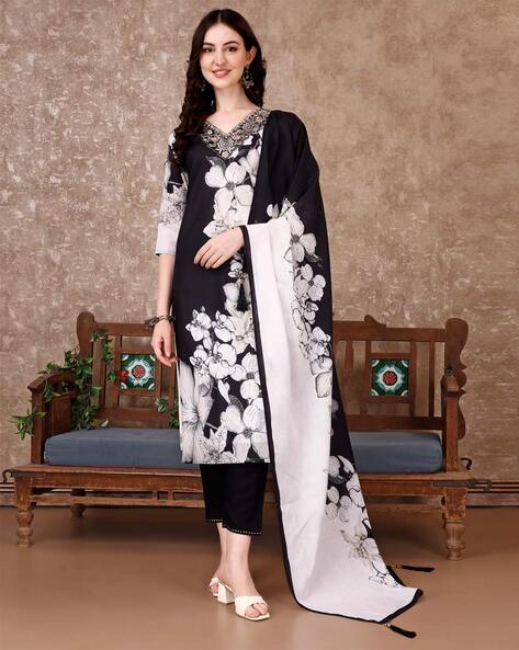 Women Floral Print Straight Kurta with Pants & Dupatta