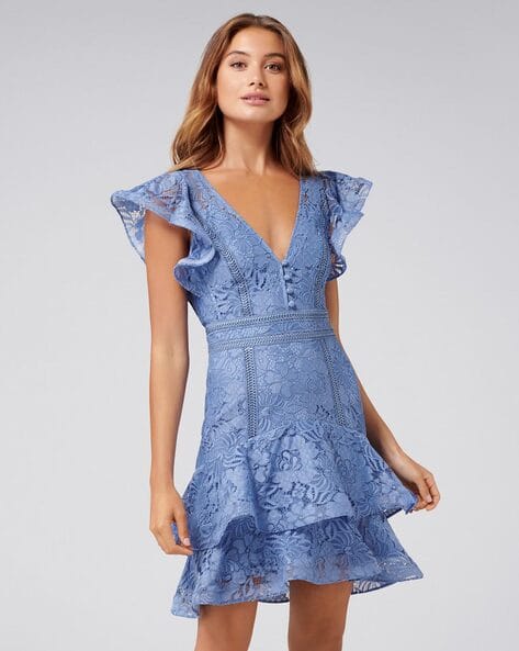 forever new blue lace dress Ruffles Sleeves Sheath Column Gray Blue Prom Dress With Slit – Sassymyprom main image 1
