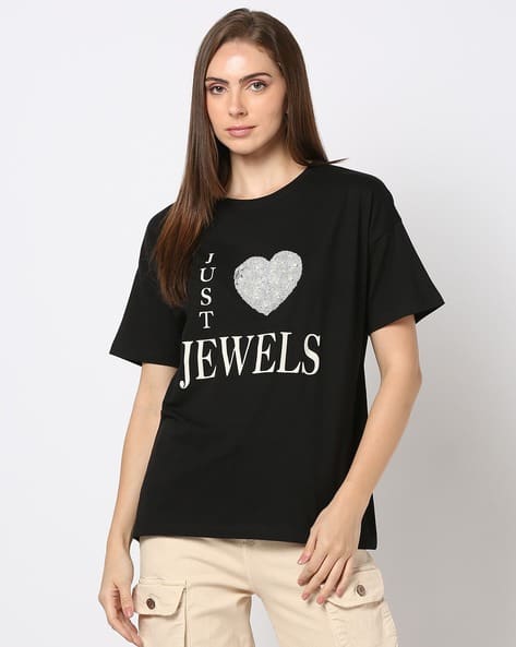 Jewel Neck Crew Neck Vs Round Neck Women Embellished Loose Fit