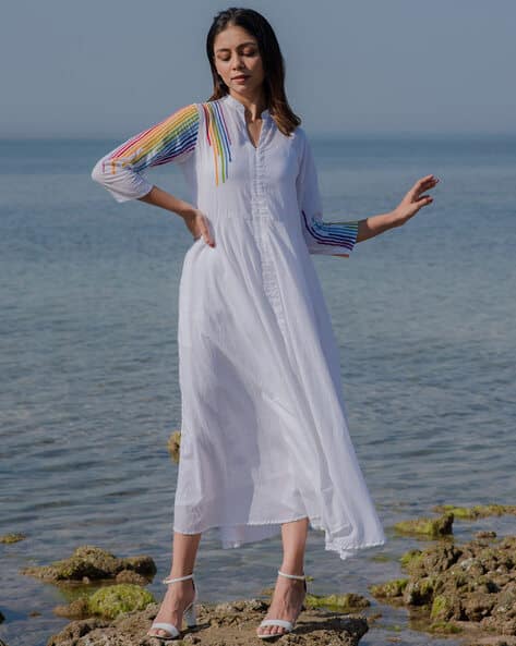 Embroidered Flared Dress with Insert Pockets