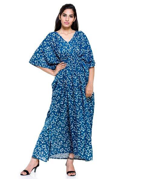 white christmas dresses Shop Ajrakh Ebony Pure Cotton Kaftan Night Dress For Women – 9shines label main image 1