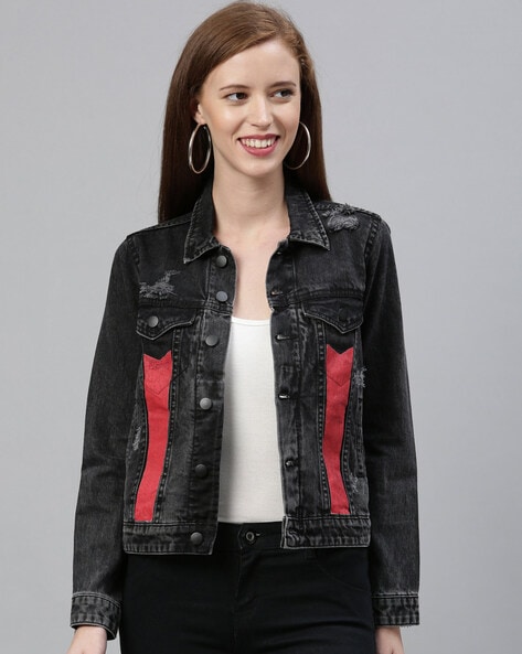 Black denim fashion jacket distressed