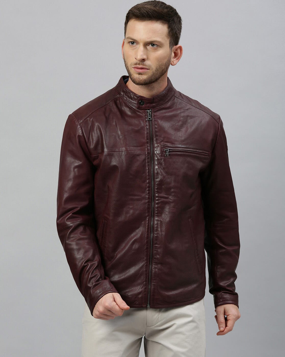 Zip-Front Leather Jacket with Insert Pockets