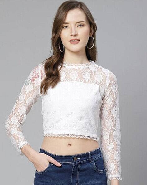 Boat Neck Crop Top with Lace Detail