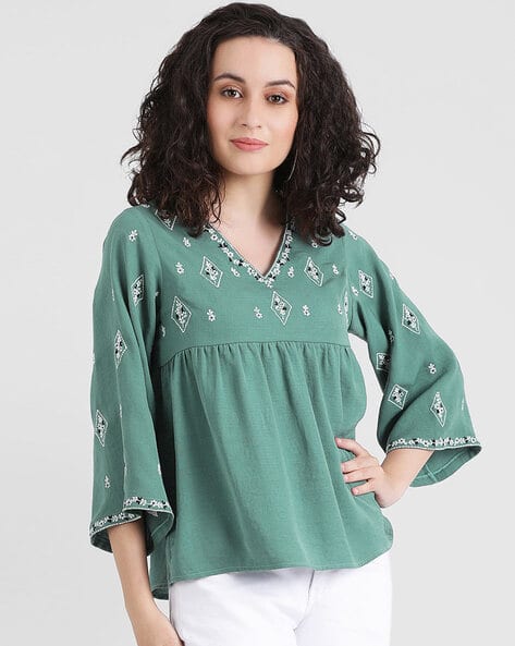 Zink London Embroidered Top with Ruffled Panel