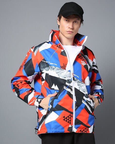 Men Geometric Print Regular Fit Hooded Waterproof Jacket