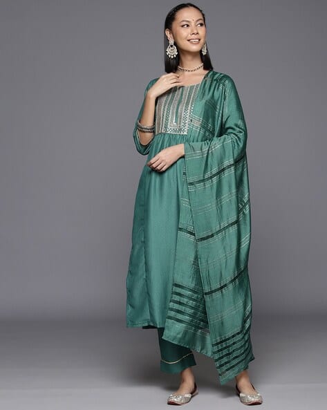 SVARAA Women Embroidered Straight Kurta with Pants & Dupatta