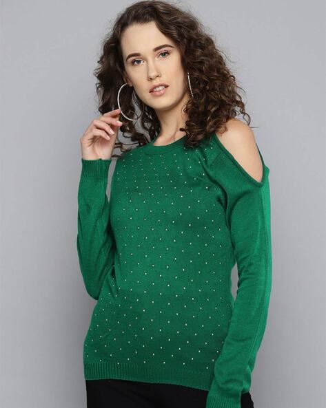 Green cold shoulder sweater best sale