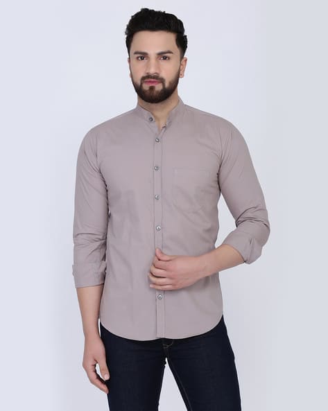 Mandarin Collar Patch Pocket Shirt