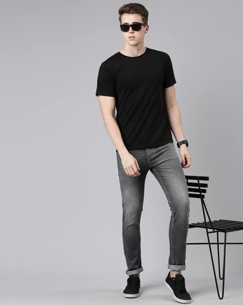 Skinny Jeans Outfit Fashion Black Shirt Grey Jeans Men Slim Fit