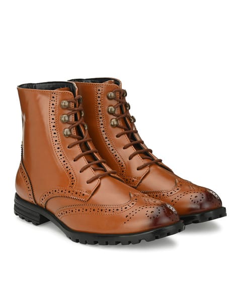 Textured Lace-Up Wing-Tip Brogue Boots
