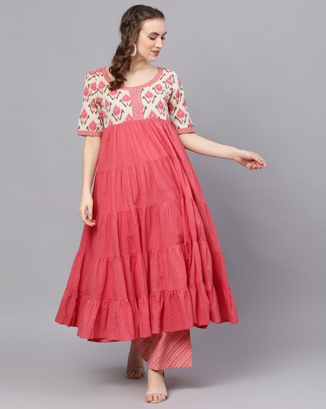 Aks Ikat Printed Tiered Anarkali Kurta