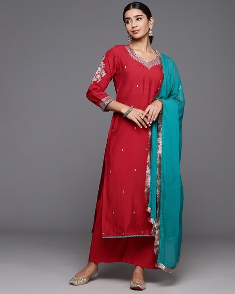 Women Embroidered Straight Kurta Set Price in India