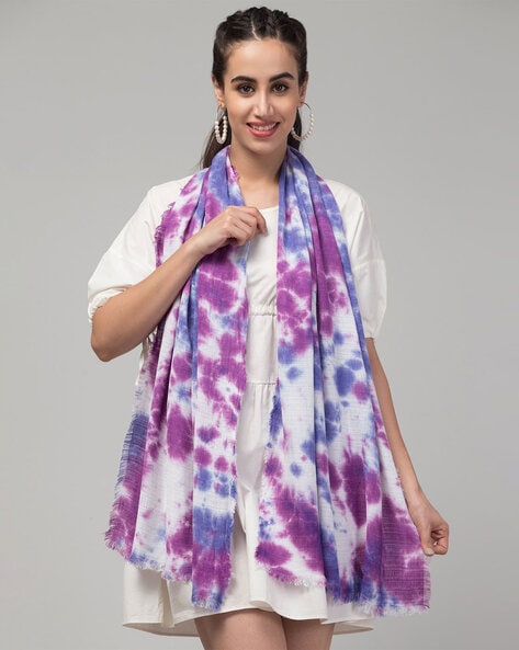 Women Tie & Dye Scarf with Frayed Hem Price in India