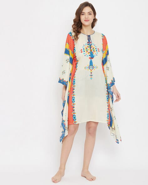 Printed Kaftan Dress with Neck Tie-Up