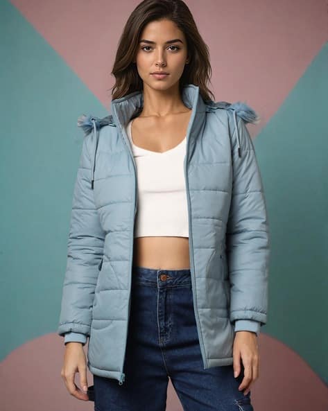 Women Quilted Bomber Jacket with Fur-Lined Hood
