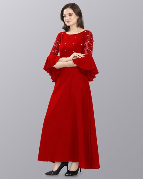 Beads Embellished Dress with Bell Sleeves