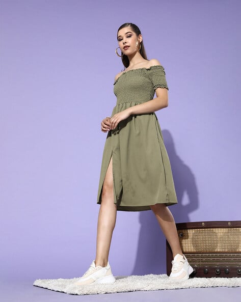 green off the shoulder skater dress Women's Green Dress Off Shoulder Maxi
