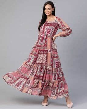 Square-Neck Indian Print Tiered Dress-image-2