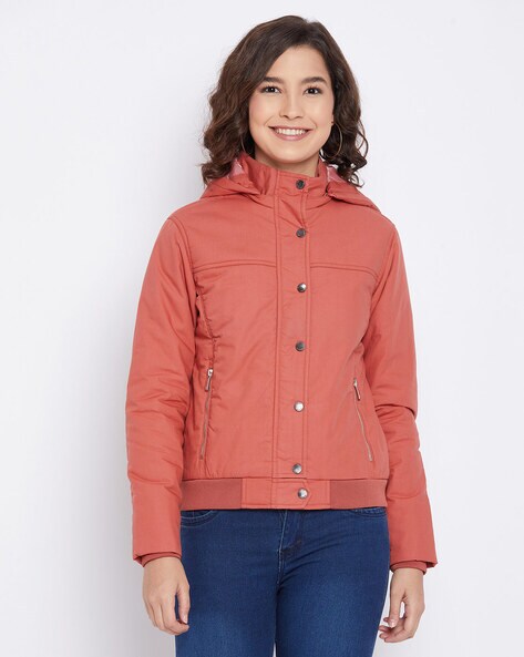 Button Down Bomber Jacket with Detachable Hood