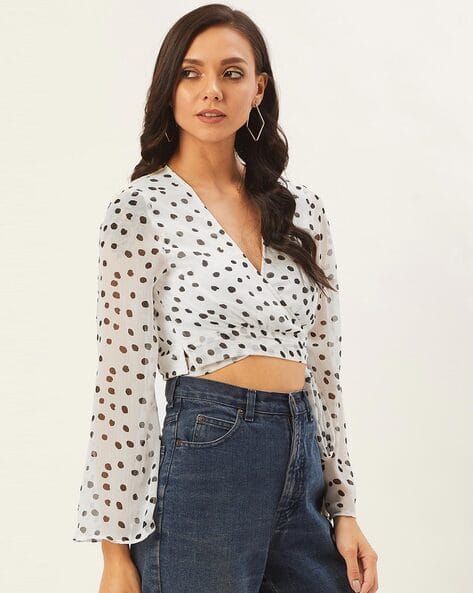 polka dot tie front crop top