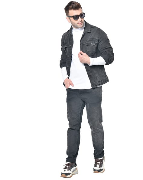 High Neck White T Shirt With Denim Jacket Logo Embroidered