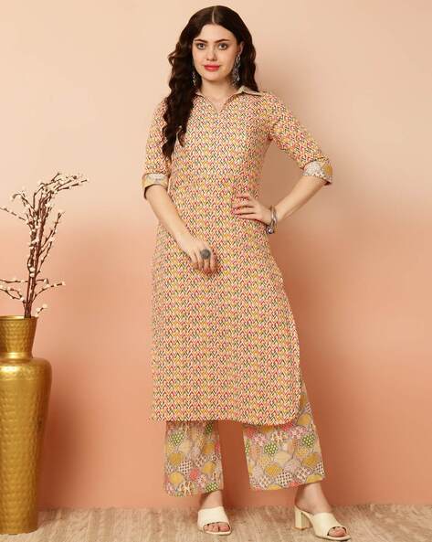 Women Geometric Print Straight Kurta with Pants