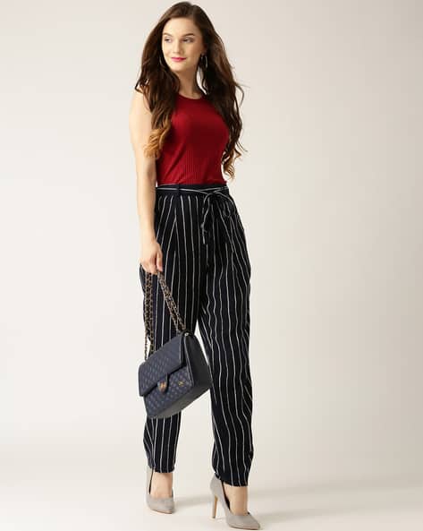 formal striped pants women Buy Navy Trousers Pants for Women by MARIE CLAIRE Online