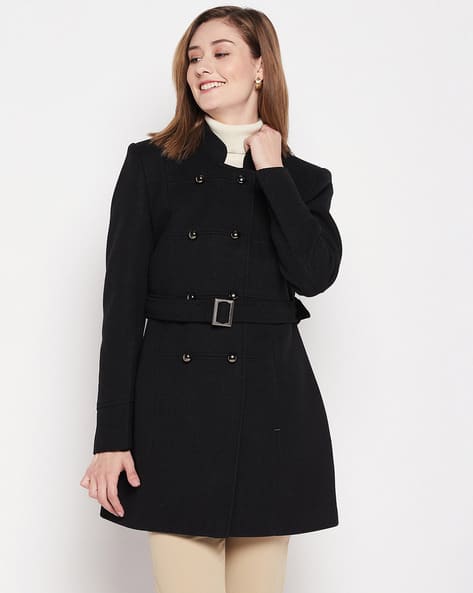 Trench Coat Black Wool Jacket Ladies Mandarin-Collar Trench Coat