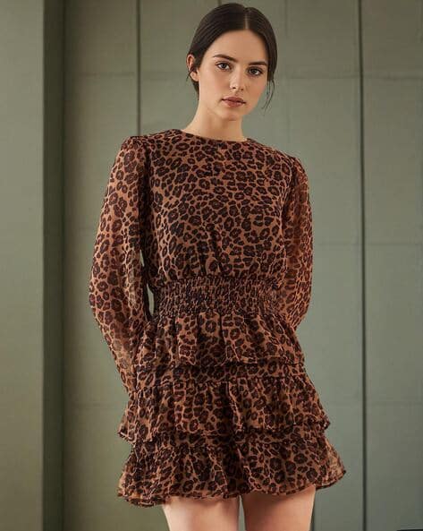 Women Animal Print Tie-Up Neck Fit Flare Tiered Mini Dress