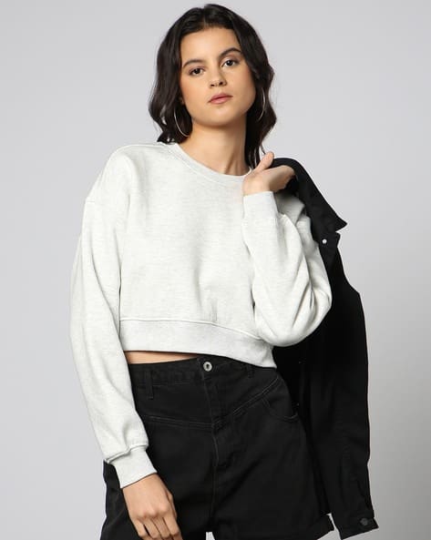 Outryt by AZORTE Women Relaxed Fit Crop Sweatshirt